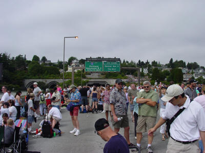 People on the I-90 bridge