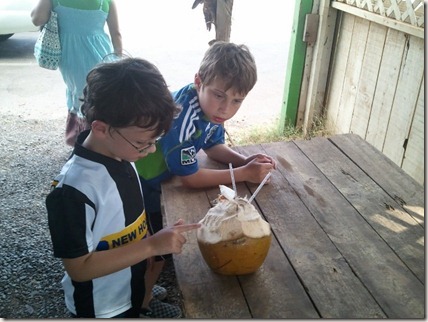 Cameron contemplates whether he should try another sip of coconut milk